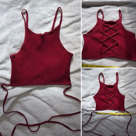 Dark Red Lace Up Crop Tank – Women’s Small Tie Back Sleeveless Top - Picture 1 of 4